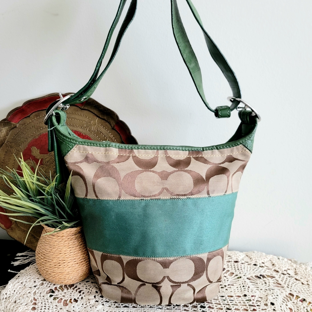 Coach Convertible Bag Green Striped Vintage Style Bucket Shape